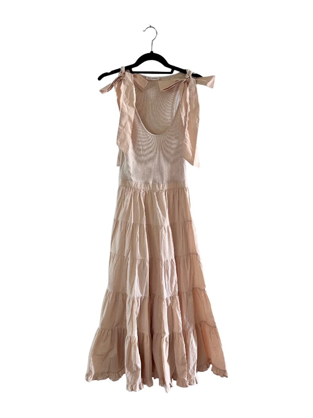 Ulla Johnson Hope Ribbed Tiered Midi Dress Bow Tie Shoulder Nude Pink P/XS NWOT